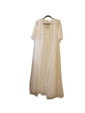 Vtg USA Vanity Fair Peignoir Lingerie Chiffon Nylon Set Robe Nightgown White 36
